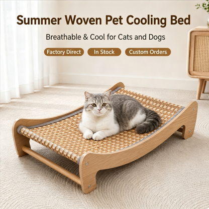 Natural Rattan Cat Bed – Elegant Wooden Lounger for Comfortable