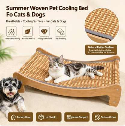 Natural Rattan Cat Bed – Elegant Wooden Lounger for Comfortable