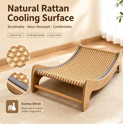 Natural Rattan Cat Bed – Elegant Wooden Lounger for Comfortable