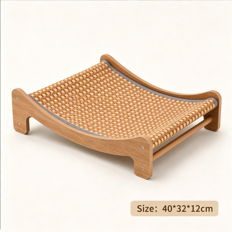 Natural Rattan Cat Bed – Elegant Wooden Lounger for Comfortable
