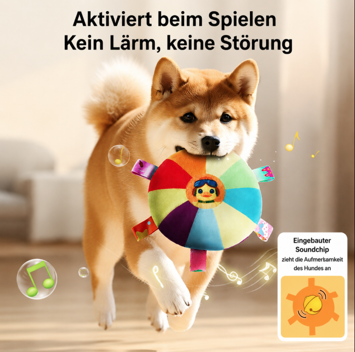 Interactive plush squeaky frisbee toy for training.
