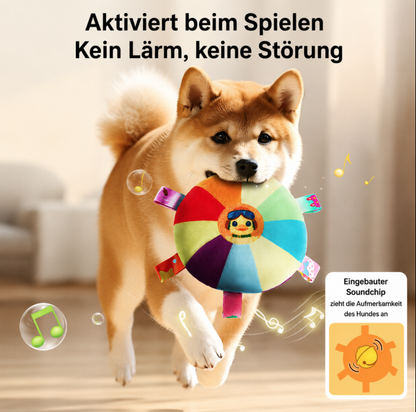 Interactive plush squeaky frisbee toy for training.