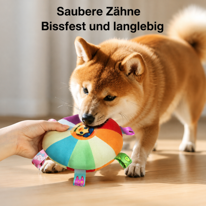 Interactive plush squeaky frisbee toy for training.