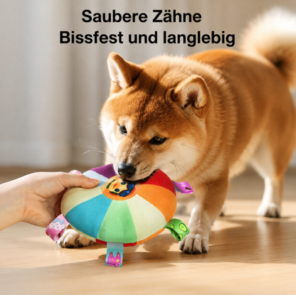 Interactive plush squeaky frisbee toy for training.