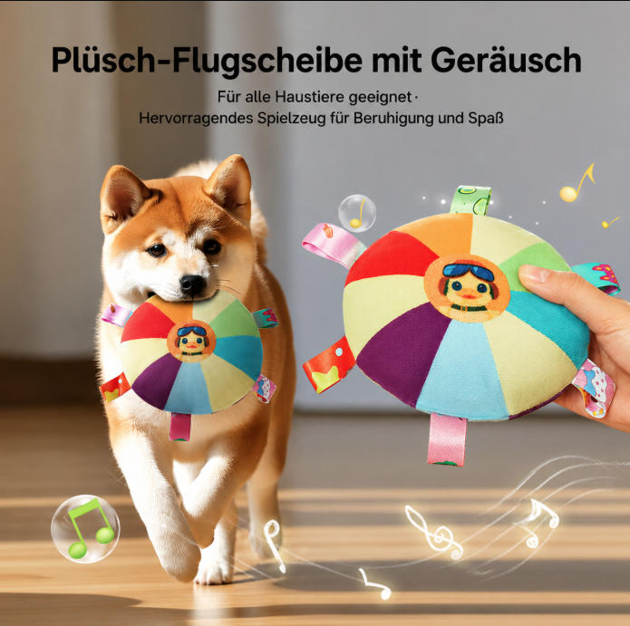 Interactive plush squeaky frisbee toy for training.