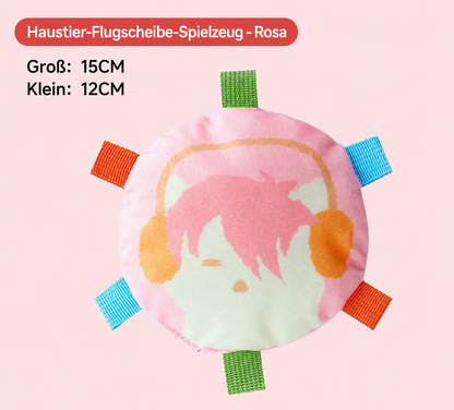 Interactive plush squeaky frisbee toy for training.