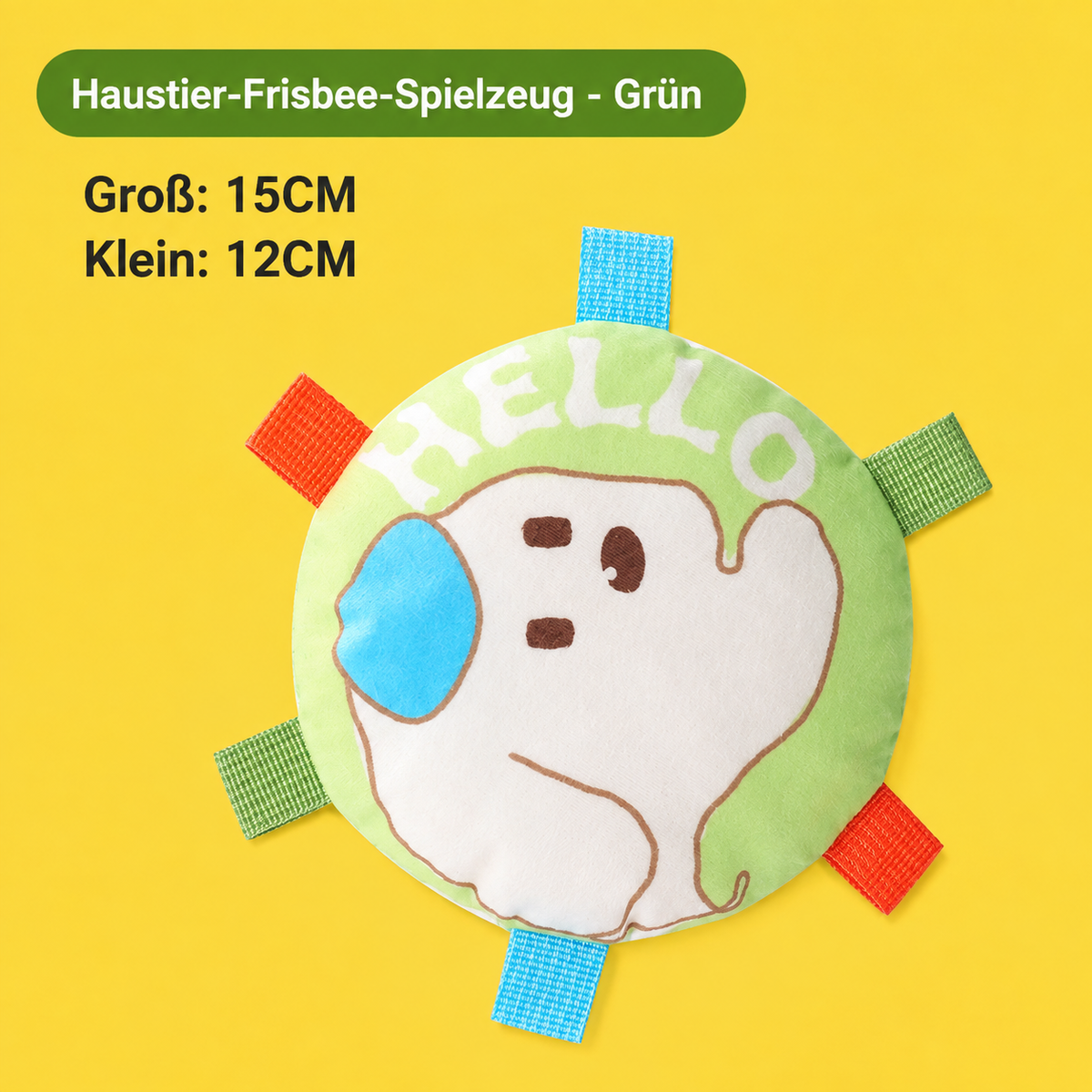 Interactive plush squeaky frisbee toy for training.