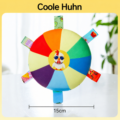 Interactive plush squeaky frisbee toy for training.