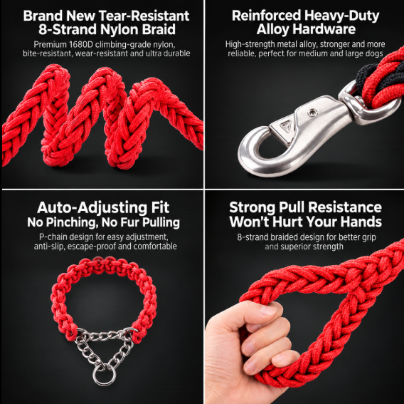 Wigglefolk Heavy-Duty Braided Dog Leash & P-Collar Set – Strong, Simple & Adventure Ready