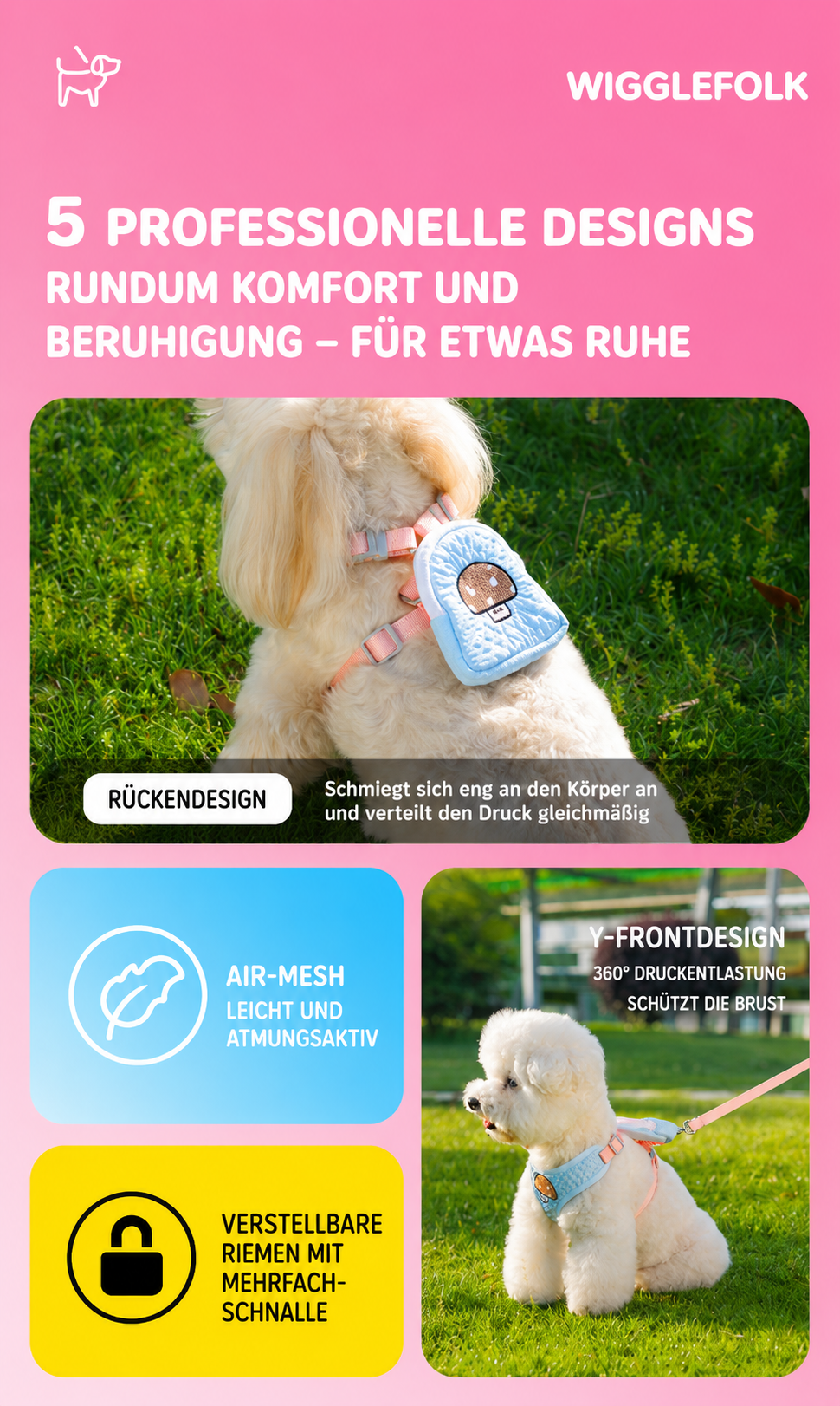 Wigglefolk Hunde-Geschirr mit Mini-Rucksack